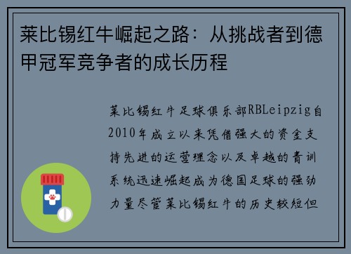 莱比锡红牛崛起之路：从挑战者到德甲冠军竞争者的成长历程